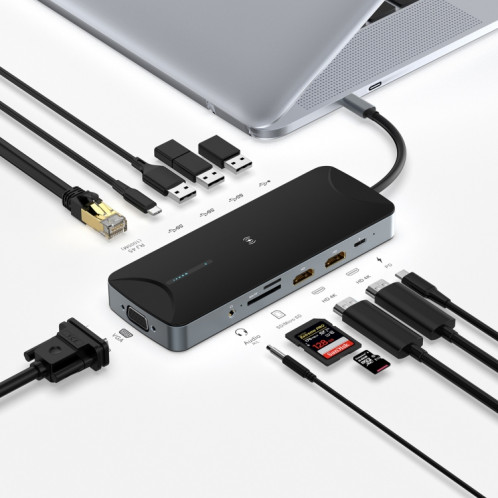V240 12-en-1 USB-C / Type-C 3,1 Station d'amarrage du hub masculin (noir) SH701A527-06