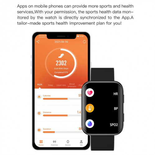 La montre intelligente à écran carré GX08 de 1,69 pouces prend en charge la détection de la fréquence cardiaque, la détection de la pression artérielle, la détection de l'oxygène sanguin (rouge) SH801C1369-07