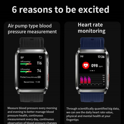 La montre intelligente de pompe à air S6T 1,7 pouces prend en charge la détection de la fréquence cardiaque, la détection de la pression artérielle, la détection de l'oxygène sanguin (rouge) SH001C1351-07
