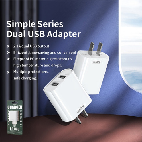 Chargeur double port USB REMAX Jane Series RP-U35 2.1A, spécification : (blanc) SR902A478-07