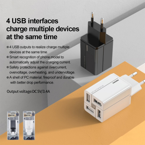 Chargeur rapide REMAX RP-U43 3,4 A 4 ports USB, spécification : (blanc) SR401B1599-04