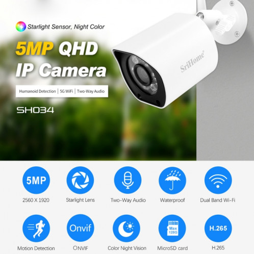 SriHome SH034 5.0MP Mini Dual 2.4 / 5G WiFi Extérieur IP66 Surveillance vidéo étanche Couleur Vision nocturne Sécurité CCTV Cam, Type de prise: Prise UE (Blanc) SH502A1496-015