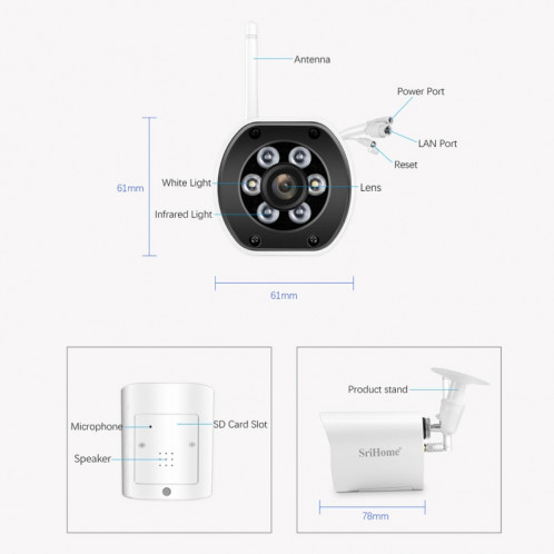 SriHome SH034 5.0MP Mini Dual 2.4 / 5G WiFi Extérieur IP66 Surveillance vidéo étanche Couleur Vision nocturne Sécurité CCTV Cam, Type de prise: Prise UE (Blanc) SH502A1496-015