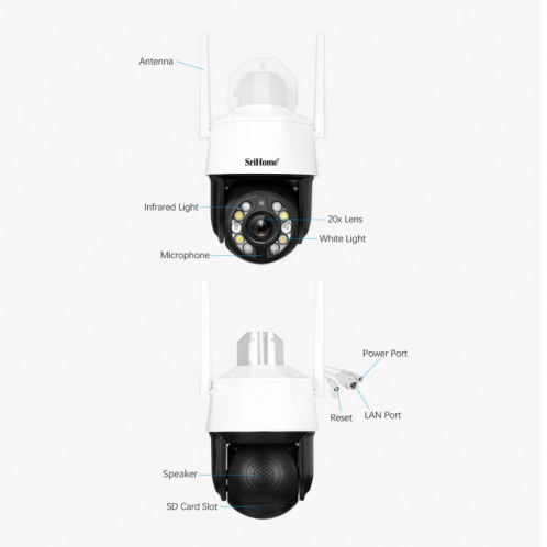 SriHome SH041 5.0MP 20X Zoom Optique 2.4G/5G WiFi IP66Étanche AI Suivi Automatique H.265 Surveillance Vidéo, Type de Prise: Prise UE (Blanc) SH802A630-015