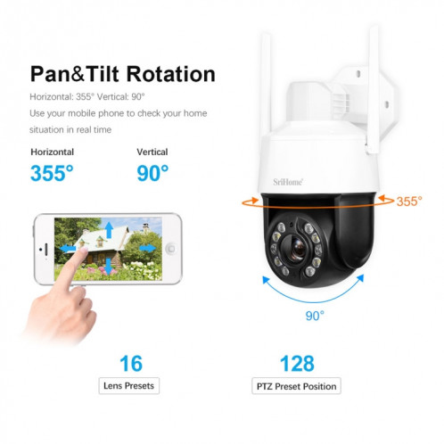 SriHome SH041 5.0MP 20X Zoom Optique 2.4G/5G WiFi IP66Étanche AI Suivi Automatique H.265 Surveillance Vidéo, Type de Prise: Prise UE (Blanc) SH802A630-015