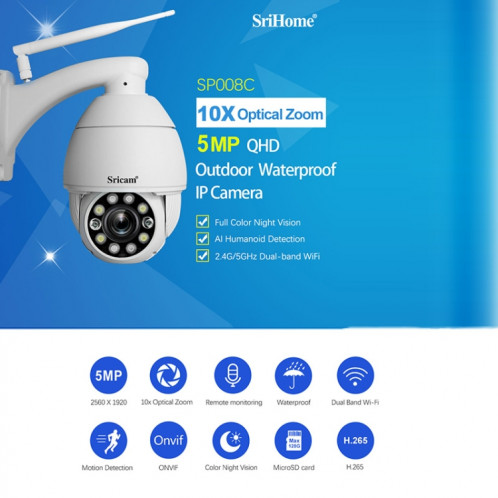 Sricam SP008C 5MP 10X Zoom IP66 Moniteur de caméra IP WiFi CCTV étanche, Type de prise: Prise UE (Blanc) SS302A1320-016