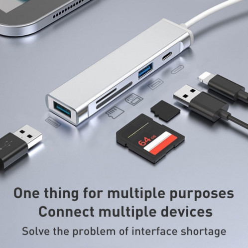 Emplacement pour carte SD / TF 5 en 1 de type C + 3 ports USB HUB de station d'accueil multifonctionnel (argent) SH401B1291-06