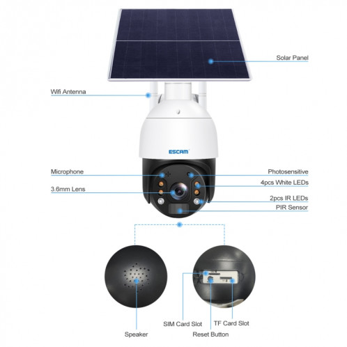 ESCAM QF724 3MP 24h Enregistrement Cloud Storage PT 4G PIR Alarme Caméra IP avec Panneau Solaire, Bandes de Signal US SE22011549-014