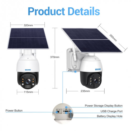 ESCAM QF724 3MP 24h Enregistrement Cloud Storage PT 4G PIR Alarme Caméra IP avec Panneau Solaire, Bandes de Signal Européennes SE22021975-014