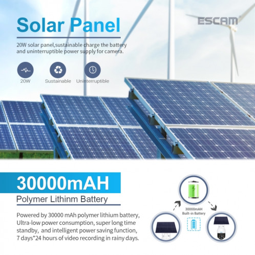 ESCAM QF724 3MP 24h Enregistrement Cloud Storage PT 4G PIR Alarme Caméra IP avec Panneau Solaire, Bandes de Signal Européennes SE22021975-014