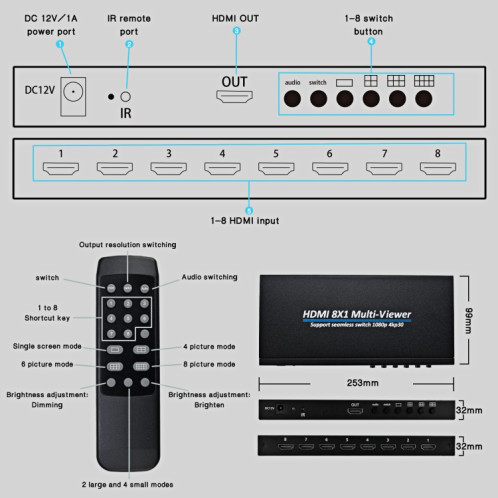 NK-818 HDMI 8x1 Multi-Viewer prend en charge le commutateur sans couture 1080P, prise US SH63501616-07