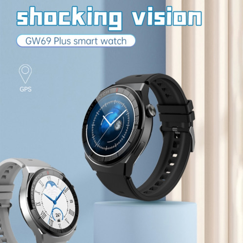 Montre intelligente GW69 Plus, prise en charge des appels BT/fréquence cardiaque/tension artérielle/oxygène sanguin (noir + bracelet en cuir noir) SH701C1511-011
