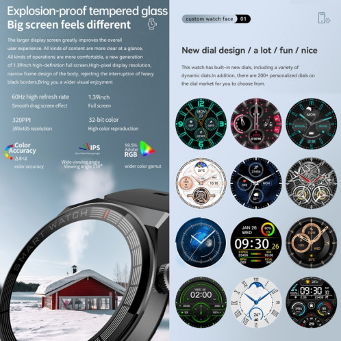 Montre intelligente GW69 Plus, prise en charge des appels BT/fréquence cardiaque/tension artérielle/oxygène sanguin (noir + bracelet en cuir noir) SH701C1511-011