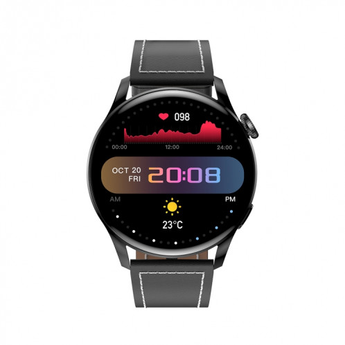 Montre intelligente GW69, prise en charge des appels BT/fréquence cardiaque/tension artérielle/oxygène sanguin (noir + bracelet en cuir noir) SH901A1371-019