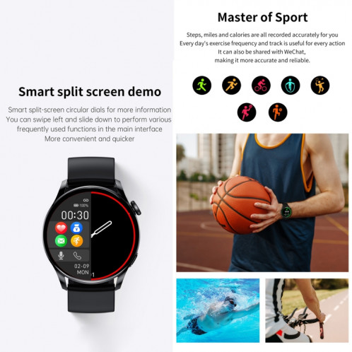 Montre intelligente GW69, prise en charge des appels BT/fréquence cardiaque/pression artérielle/oxygène sanguin (noir + bracelet en silicone noir) SH901C1050-019