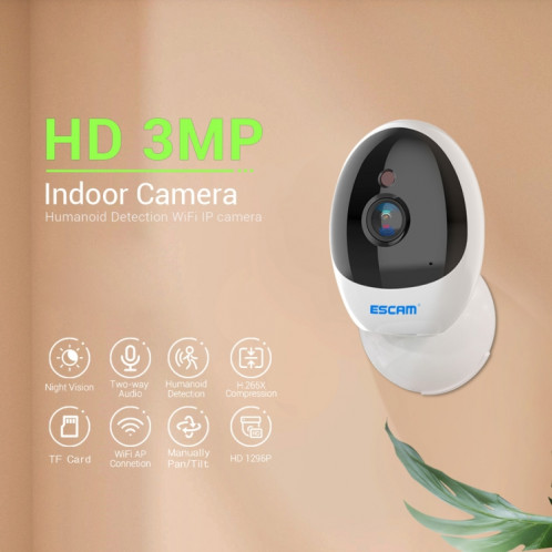 ESCAM QF006 3MP 1296P HD Caméra IP PTZ intérieure sans fil IR Vision nocturne AI Détection humanoïde Moniteur de vidéosurveillance de sécurité à domicile, Type de prise: Prise UE (Blanc) SE003A1196-013