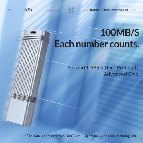 Clé USB ORICO, lecture : 100 Mo/s, écriture : 50 Mo/s, mémoire : 32 Go, port : Type-C (argent). SO302A16-011