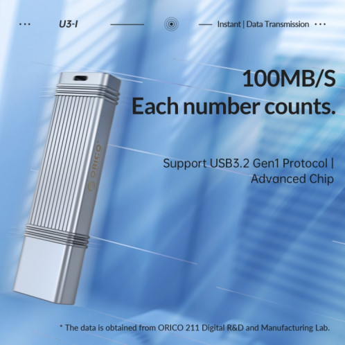 Clé USB ORICO, lecture : 100 Mo/s, écriture : 50 Mo/s, mémoire : 64 Go, port : USB-A (argent). SO303A922-011