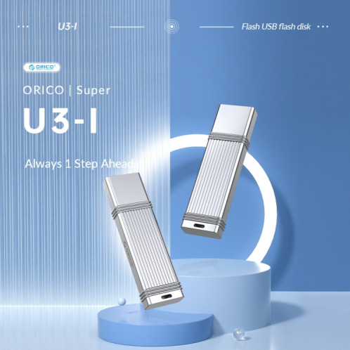 Clé USB ORICO, lecture : 100 Mo/s, écriture : 50 Mo/s, mémoire : 256 Go, port : USB-A (argent). SO307A1772-011