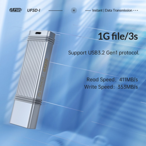 Clé USB ORICO UFS, lecture : 411 Mo/s, écriture : 353 Mo/s, mémoire : 128 Go, port : Type-C (argent). SO004A282-013