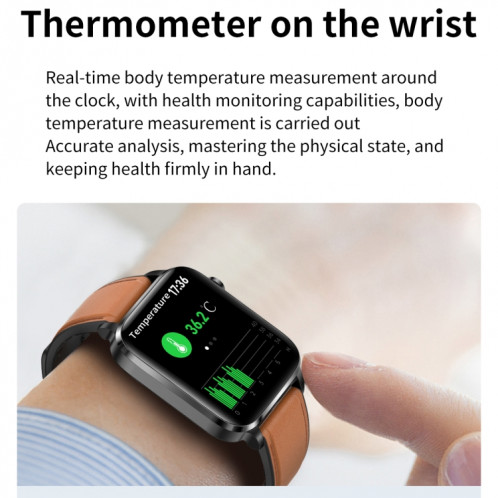 F100 1,7 pouces HD écran carré bracelet en cuir montre intelligente prend en charge la surveillance de la température corporelle/surveillance de l'oxygène sanguin (noir) SH201A820-012