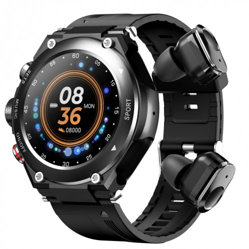 T92 1,28 pouces IPS écran tactile 2 en 1 casque Bluetooth montre intelligente, prise en charge de la surveillance de la fréquence cardiaque/musique Bluetooth (noir) SH301A1455-09