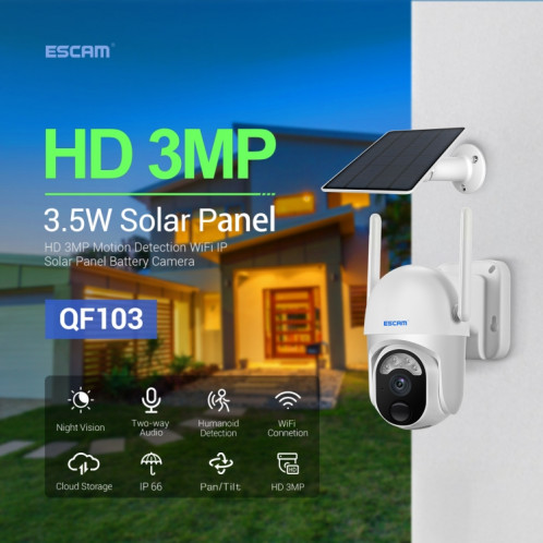 ESCAM QF103 3MP Cloud Storage PT WIFI Caméra IP d'alarme PIR avec prise en charge de la batterie du panneau solaire Vision nocturne en couleur et audio bidirectionnel SE85501874-011