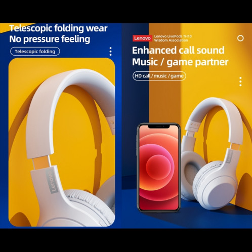 Lenovo TH10 sans fil Bluetooth Gaming Bass Music Sports Casque antibruit (Blanc) SL001A958-07