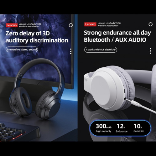 Lenovo TH10 sans fil Bluetooth Gaming Bass Music Sports Casque antibruit (Blanc) SL001A958-07