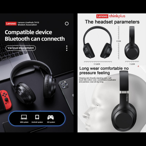 Lenovo TH10 sans fil Bluetooth Gaming Bass Music Sports Casque antibruit (noir) SL001B994-07