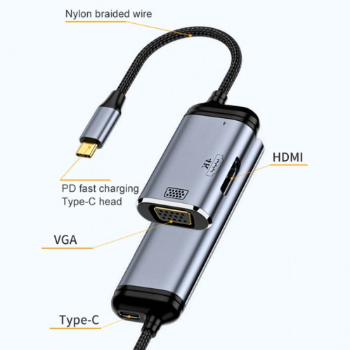 Y001 Câble adaptateur audio USB-C/Type-C vers VGA+HDMI+USB-C/Type-C 3 en 1 SH8917196-07