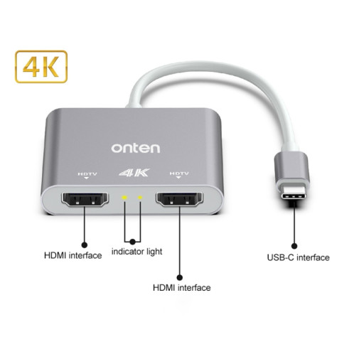 Onten OTN-9175B Convertisseur de sortie 4K USB-C / Type-C vers double HDMI (Blanc) SO401A596-09