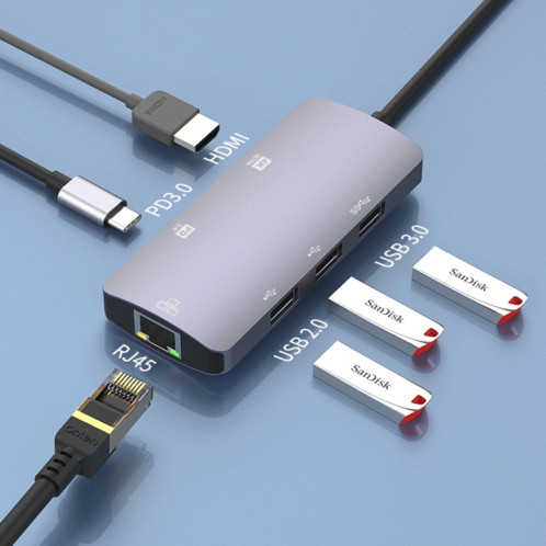Onten OTN-UC910 Station d'accueil HUB multifonction portable USB-C / Type-C (Gris) SO801A832-05