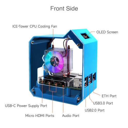 Pour Raspberry Pi 4B Waveshare Desktop Computer Fan LED Light Mini Tower Set (Bleu) SW701A1210-011