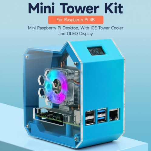 Pour Raspberry Pi 4B Waveshare Desktop Computer Fan LED Light Mini Tower Set (Bleu) SW701A1210-011