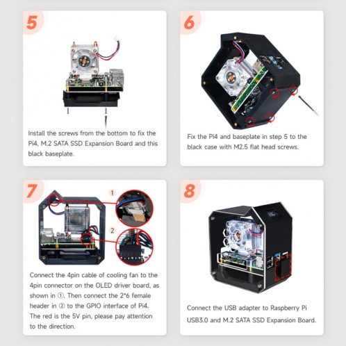 Kit Waveshare Mini Tower NAS pour Raspberry Pi 4B Support Jusqu'à 2 To M.2 SATA SSD (Noir) SW801A207-012