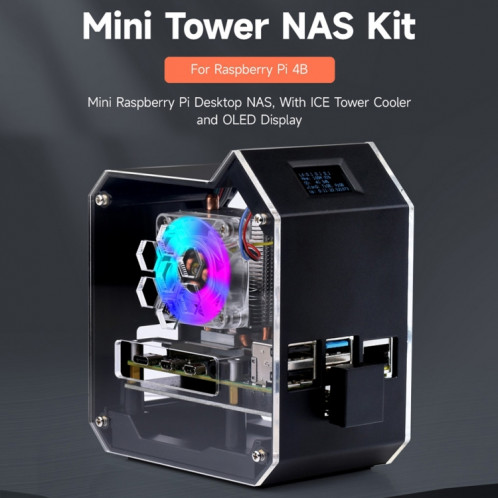 Kit Waveshare Mini Tower NAS pour Raspberry Pi 4B Support Jusqu'à 2 To M.2 SATA SSD (Noir) SW801A207-012