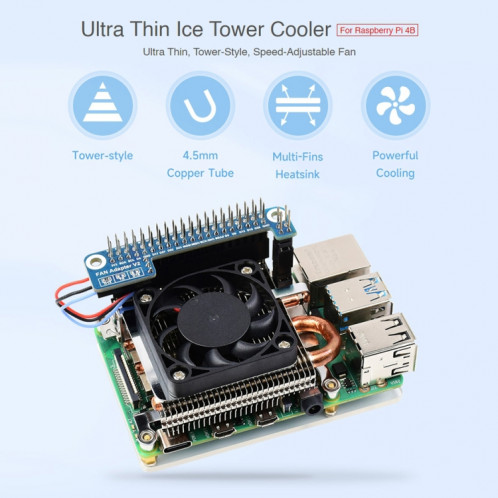 Ventilateur de refroidissement Waveshare Slim ICE Tower pour Raspberry Pi 4B, alimentation : 5 V SW95391691-08