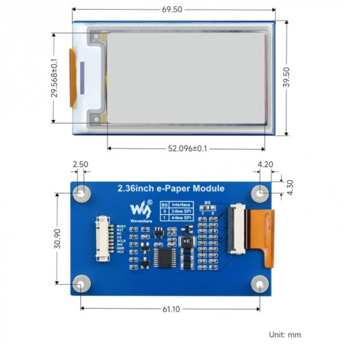Module papier électronique Waveshare 2,36 pouces 296 × 168 SW95421010-07