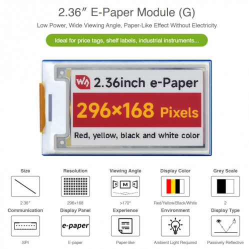 Module papier électronique Waveshare 2,36 pouces 296 × 168 SW95421010-07