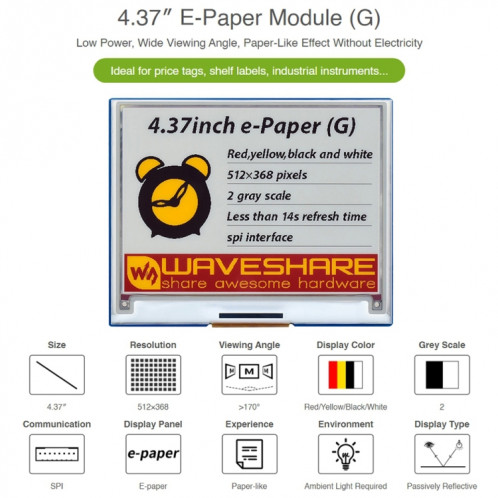 Module papier électronique Waveshare 4,37 pouces 512 × 368 SW95491311-07