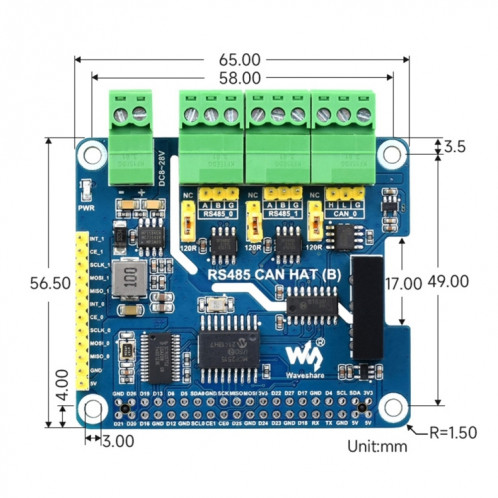 Waveshare Isolé RS485 CAN HAT Pour Raspberry Pi SW9550335-09