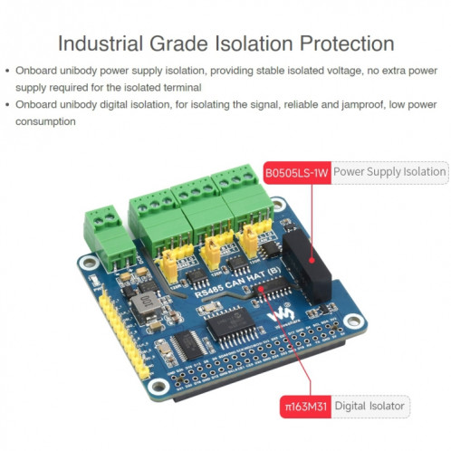 Waveshare Isolé RS485 CAN HAT Pour Raspberry Pi SW9550335-09