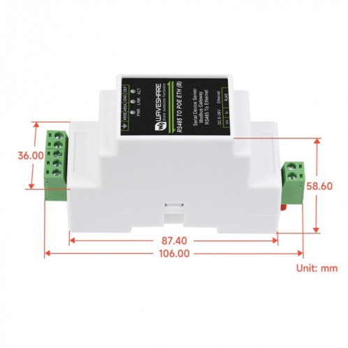 Serveur série Waveshare Din Rail RS485 vers RJ45 avec fonction POE SW95541080-010