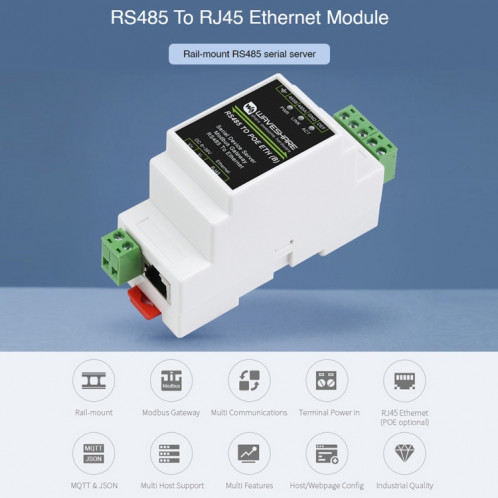 Serveur série Waveshare Din Rail RS485 vers RJ45 avec fonction POE SW95541080-010
