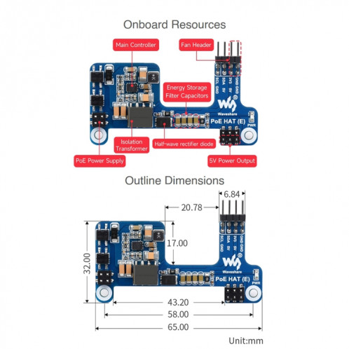 Chapeau Power over Ethernet Waveshare pour Raspberry Pi 3B+/4B SW9555551-09