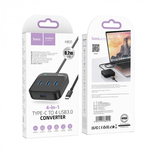 hoco HB31 Convertisseur Easy 4 en 1 USB-C / Type-C vers USB3.0x4, Longueur du câble : 0,2 m (Noir) SH001A1998-06