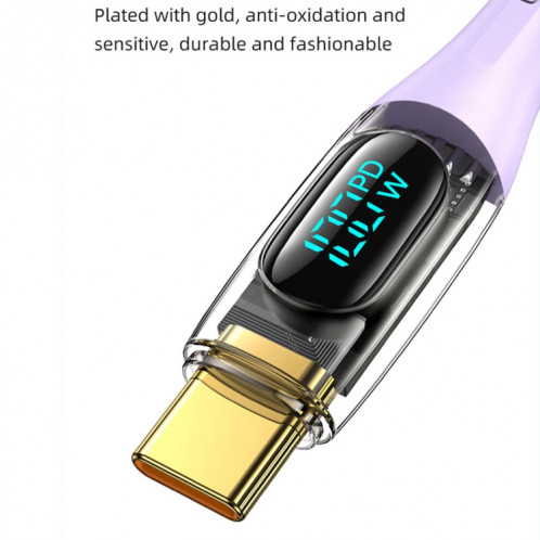USAMS Type-C vers Type-C PD100W Câble de données de charge rapide à affichage numérique transparent en alliage d'aluminium, longueur du câble : 1,2 m (violet) SU301C1645-09