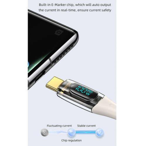 USAMS Type-C vers Type-C PD100W Câble de données de charge rapide à affichage numérique transparent en alliage d'aluminium, longueur du câble : 1,2 m (violet) SU301C1645-09