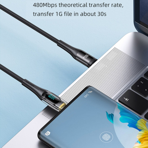 USAMS Type-C vers Type-C PD100W Câble de données de charge rapide à affichage numérique transparent en alliage d'aluminium, longueur du câble : 1,2 m (noir) SU301A1018-09